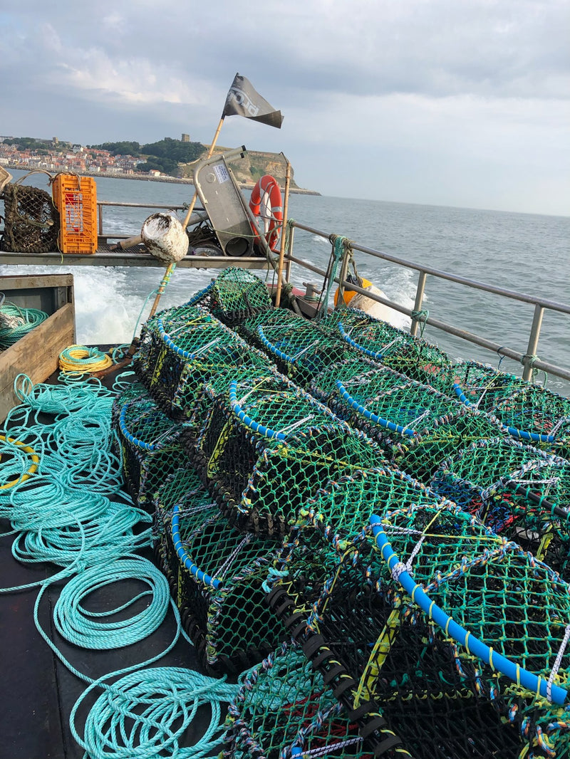 Stacked lobster creels on a boat with ropes and a flag, against a backdrop of ocean and sky.