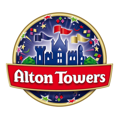 Alton Towers logo with a castle design and colorful elements on a blue background