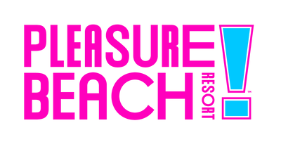 Logo of Pleasure Beach Resort with pink text and a blue exclamation mark on a green background
