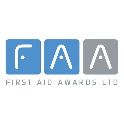 Logo of First Aid Awards Ltd with blue and gray squares and 'FAA' text.